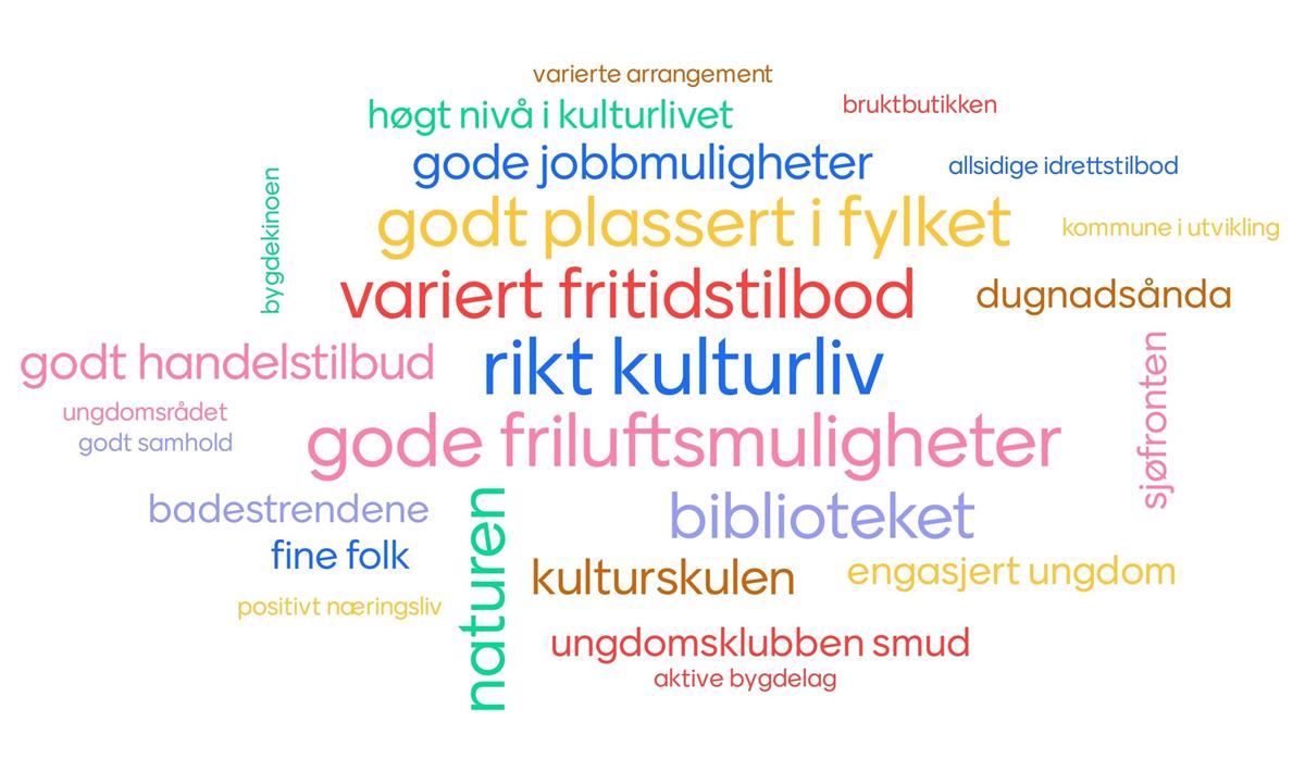Ordsky med positive ting i Vestnes kommune. Kultur, friluftsliv og plassering er størst. - Klikk for stort bilete