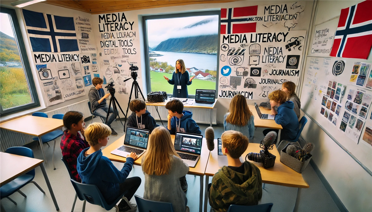 KI-generert illustrasjon_DALL·E 2025-03-28 09.47.40 - A group of middle school students at Tomrefjord School in Møre og Romsdal, Norway, participating in the subject of media and communication. - Klikk for stort bilete